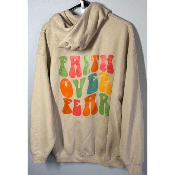 Gildan Womens Hooded Sweatshirt XL 'Faith Over Fear' Colorful Text Hoodie Beige - Picture 1 of 9